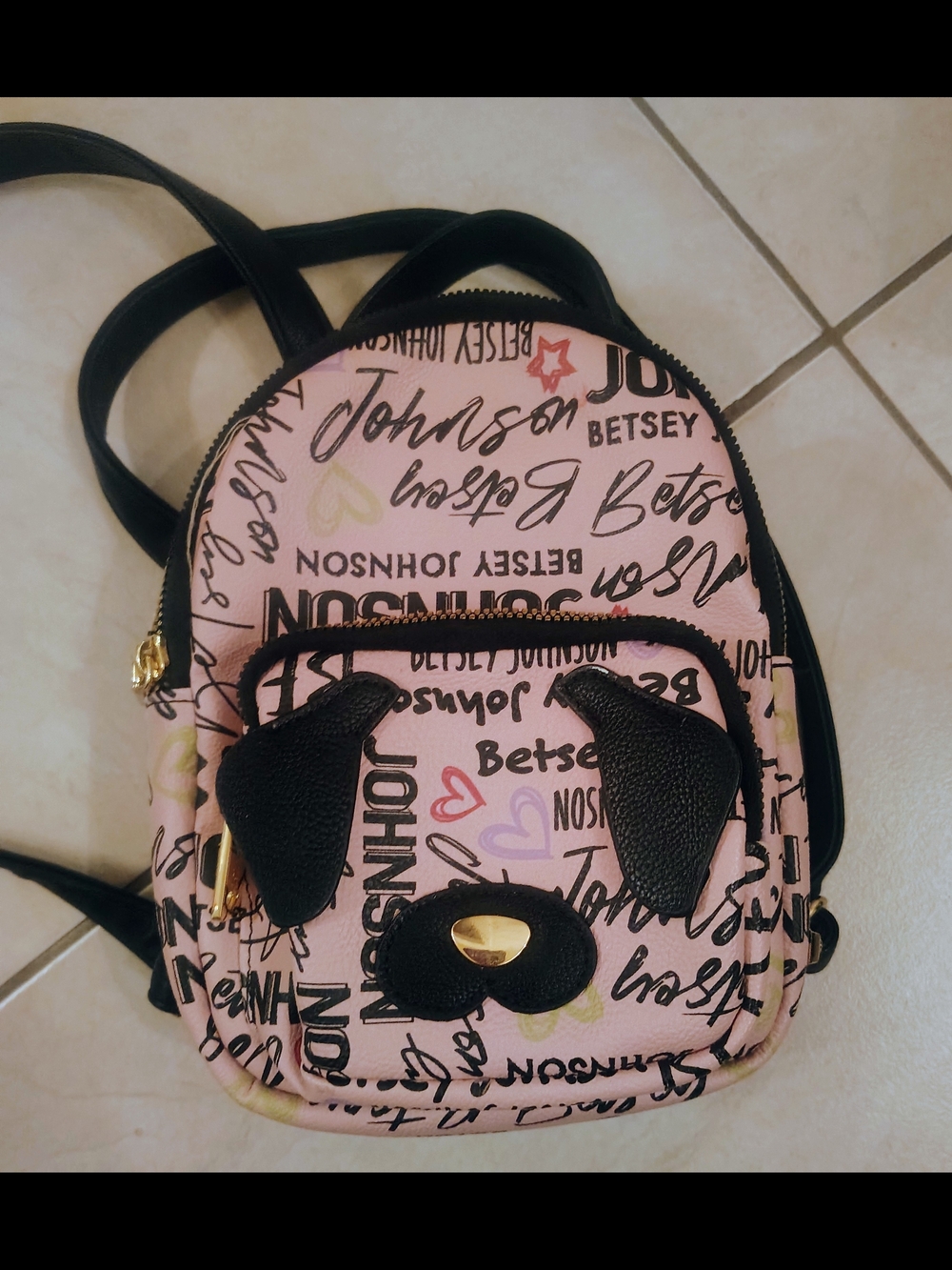 Betsey Johnson Pink Script Dog Face Mini Backpack